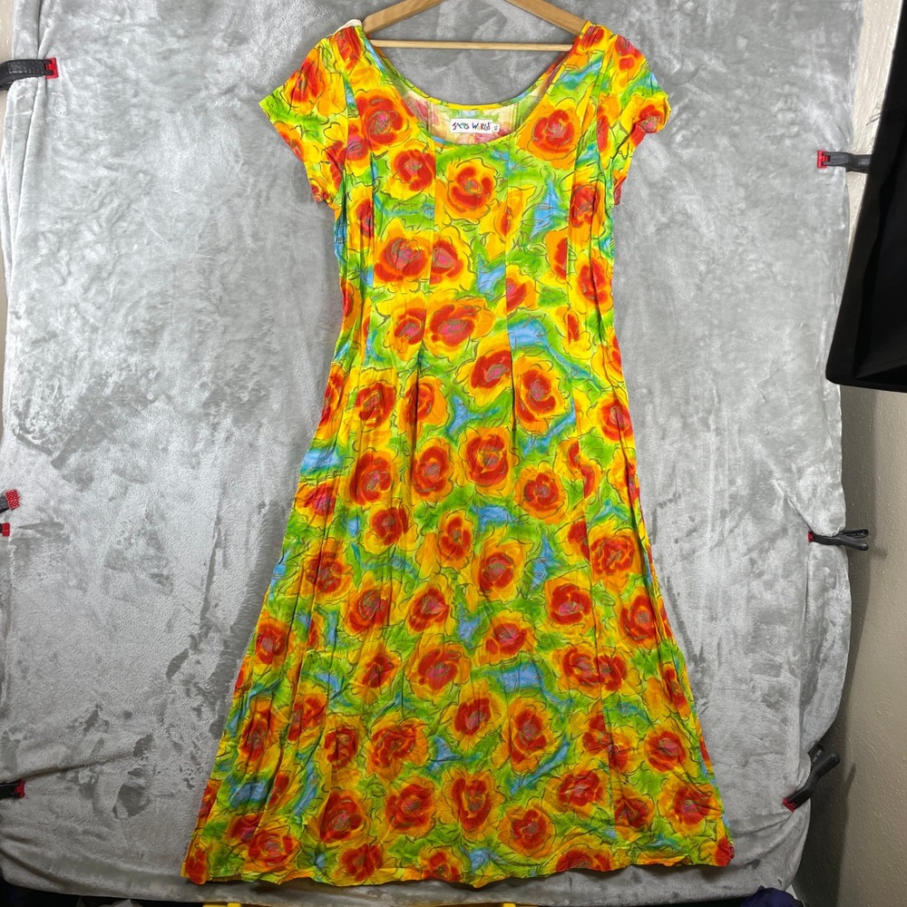 Vintage 90s Jams World Maxi Dress Womens XL Yellow Floral Rayon Hawaiian